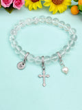 Natural Quartz Crystal with Pearl and Cross Bracelet, Gold or Silver, N7077