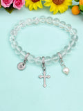 Natural Quartz Crystal with Pearl and Cross Bracelet, Gold or Silver, N7077