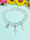 Natural Quartz Crystal with Pearl and Cross Bracelet, Gold or Silver, N7077