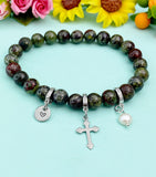 Natural Dragon Blood Jasper with Pearl and Cross Bracelet, Gold or Silver, N7078