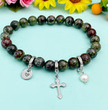 Natural Dragon Blood Jasper with Pearl and Cross Bracelet, Gold or Silver, N7078