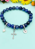 Natural Sodalite with Pearl and Cross Bracelet, Gold or Silver, N7079