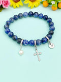Natural Sodalite with Pearl and Cross Bracelet, Gold or Silver, N7079