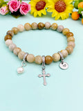 Natural Fossil Coral with Pearl and Cross Bracelet, Gold or Silver, N7080