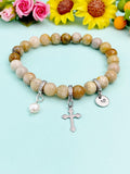 Natural Fossil Coral with Pearl and Cross Bracelet, Gold or Silver, N7080