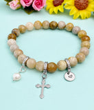 Natural Fossil Coral with Pearl and Cross Bracelet, Gold or Silver, N7080