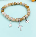 Natural Fossil Coral with Pearl and Cross Bracelet, Gold or Silver, N7080