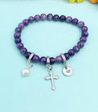 Natural Dumortierite with Pearl and Cross Bracelet, Gold or Silver, N7081
