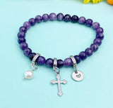 Natural Dumortierite with Pearl and Cross Bracelet, Gold or Silver, N7081
