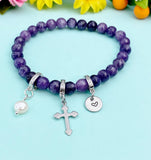 Natural Dumortierite with Pearl and Cross Bracelet, Gold or Silver, N7081