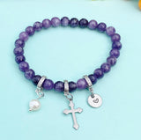 Natural Dumortierite with Pearl and Cross Bracelet, Gold or Silver, N7081