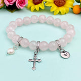 Natural Rose Quartz with Pearl and Cross Bracelet, Gold or Silver, N7082