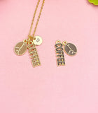 Coffee and Coffee Bean Necklace, Gold Coffee Lover Charm Jewelry Gift, N7151