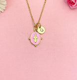Gold Virgin Mary Pink Pendant Necklace, Religious Faith Jewelry Gift for Her, N7167P