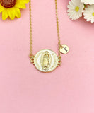 Gold Virgin Mary Sky Blue Pendant Necklace, Religious Faith Jewelry Gift for Her, N7168