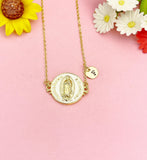 Gold Virgin Mary Sky Blue Pendant Necklace, Religious Faith Jewelry Gift for Her, N7168