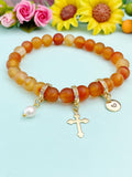 Natural Carnelian Frost with Pearl and Cross Bracelet, Gold or Silver, N7083