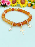 Natural Carnelian Frost with Pearl and Cross Bracelet, Gold or Silver, N7083