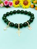 Natural Jade with Pearl and Cross Bracelet, Gold or Silver, N7084