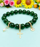 Natural Jade with Pearl and Cross Bracelet, Gold or Silver, N7084