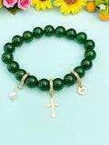 Natural Jade with Pearl and Cross Bracelet, Gold or Silver, N7084