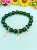 Natural Jade with Pearl and Cross Bracelet, Gold or Silver, N7084