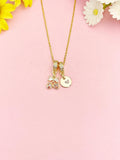 18K Gold Plated Cherry Bowknot Heart Charm Necklace, Cubic Zirconia Dainty Pendant