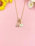 18K Gold Plated Cherry Bowknot Heart Charm Necklace, Cubic Zirconia Dainty Pendant