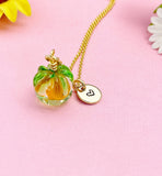 Gold Persimmon Necklace, Handmade Lampwork Orange Persimmon Charm, Personized Customized Initial Necklace, N5308