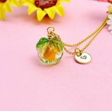 Gold Persimmon Necklace, Handmade Lampwork Orange Persimmon Charm, Personized Customized Initial Necklace, N5308