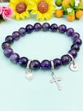 Natural Lepidolite with Pearl and Cross Bracelet, Gold or Silver, N7059A