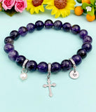 Natural Lepidolite with Pearl and Cross Bracelet, Gold or Silver, N7059A