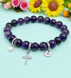 Natural Lepidolite with Pearl and Cross Bracelet, Gold or Silver, N7059A