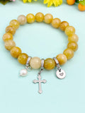Natural Topaz Jade with Pearl and Cross Bracelet, Gold or Silver, N7085