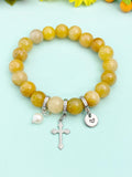 Natural Topaz Jade with Pearl and Cross Bracelet, Gold or Silver, N7085