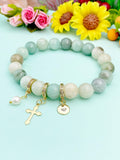Natural Amazonite with Pearl and Cross Bracelet, Gold or Silver, N7086