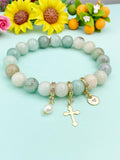 Natural Amazonite with Pearl and Cross Bracelet, Gold or Silver, N7086