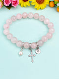 Natural Rose Quartz with Pearl and Cross Bracelet, Gold or Silver, N7087