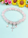Natural Rose Quartz with Pearl and Cross Bracelet, Gold or Silver, N7087