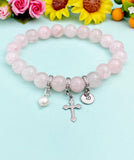 Natural Rose Quartz with Pearl and Cross Bracelet, Gold or Silver, N7087