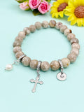 Natural Maifanite with Pearl and Cross Bracelet, Gold or Silver, N7088