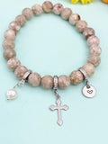 Natural Maifanite with Pearl and Cross Bracelet, Gold or Silver, N7088