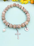 Natural Maifanite with Pearl and Cross Bracelet, Gold or Silver, N7088