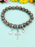 Natural Snowflake Obsidian with Pearl and Cross Bracelet, Gold or Silver, N7089