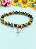 Natural Tiger Eye with Pearl and Cross Bracelet, Gold or Silver, N7072
