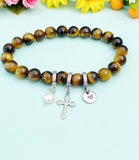 Natural Tiger Eye with Pearl and Cross Bracelet, Gold or Silver, N7072