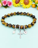 Natural Tiger Eye with Pearl and Cross Bracelet, Gold or Silver, N7072