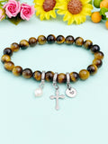 Natural Tiger Eye with Pearl and Cross Bracelet, Gold or Silver, N7072