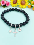 Natural Lava Rock with Pearl and Cross Bracelet, Gold or Silver, N7090
