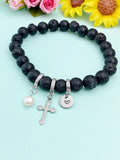 Natural Lava Rock with Pearl and Cross Bracelet, Gold or Silver, N7090